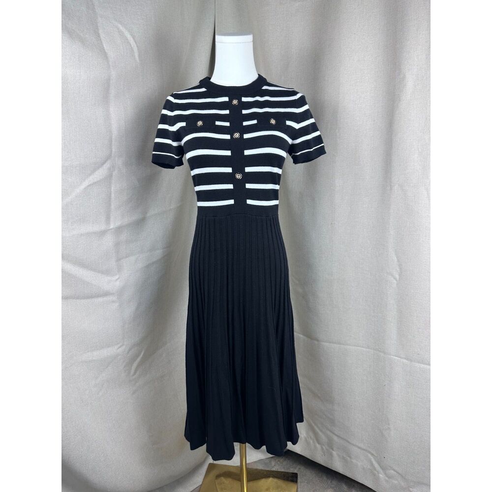 ZESICA Black White Striped Knit Pleated Midi Dress S